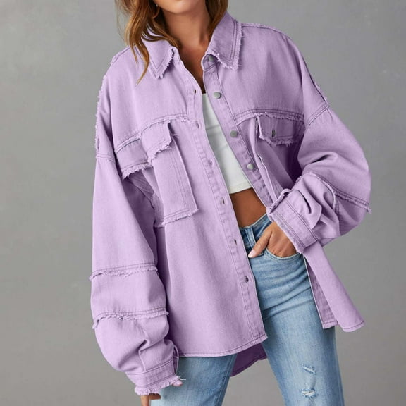 Qetyuw Womens Oversized Jean Jackets Casual Patchwork Long Sleeve Denim Shackets Solid Color Lapel Button Down Jean Coats with Pockets