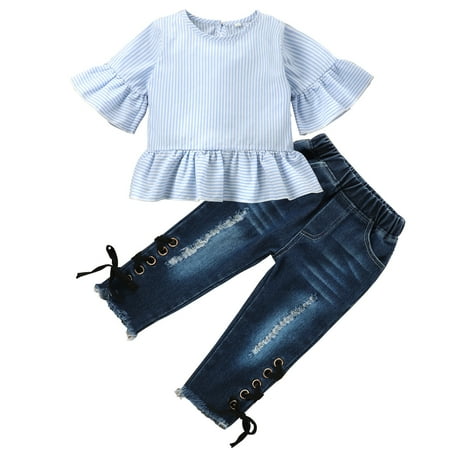 

ZHUASHUM Kids Toddler Babys Girls Spring Winter Solid Ruffle Long Sleeve Pants Shirt Jeans Set Outfits Clothes