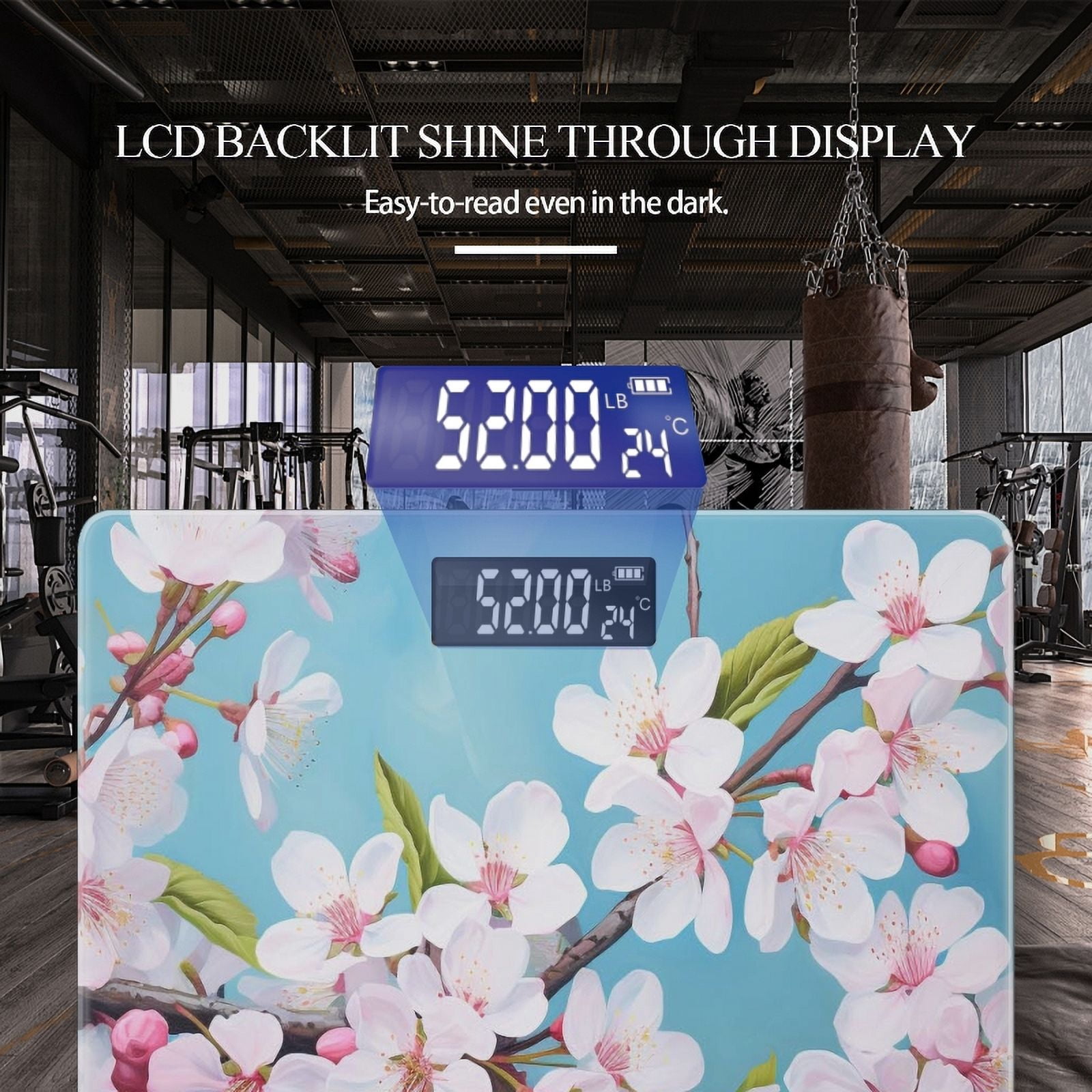 High Precision Body Weight Scale Smart Bathroom Scales with Large LCD Display(400lbs),Decorative for Bedroom-Large Painting Of Cherry Blossoms On Blue Background