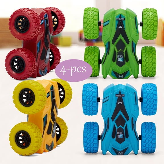 DODOING 4-pcs Inertia Car Toy, Toddler Pull Back Cars Mini Off Road Vehicle Early Educational Flips Cars-Boys Girls Birthday Gift