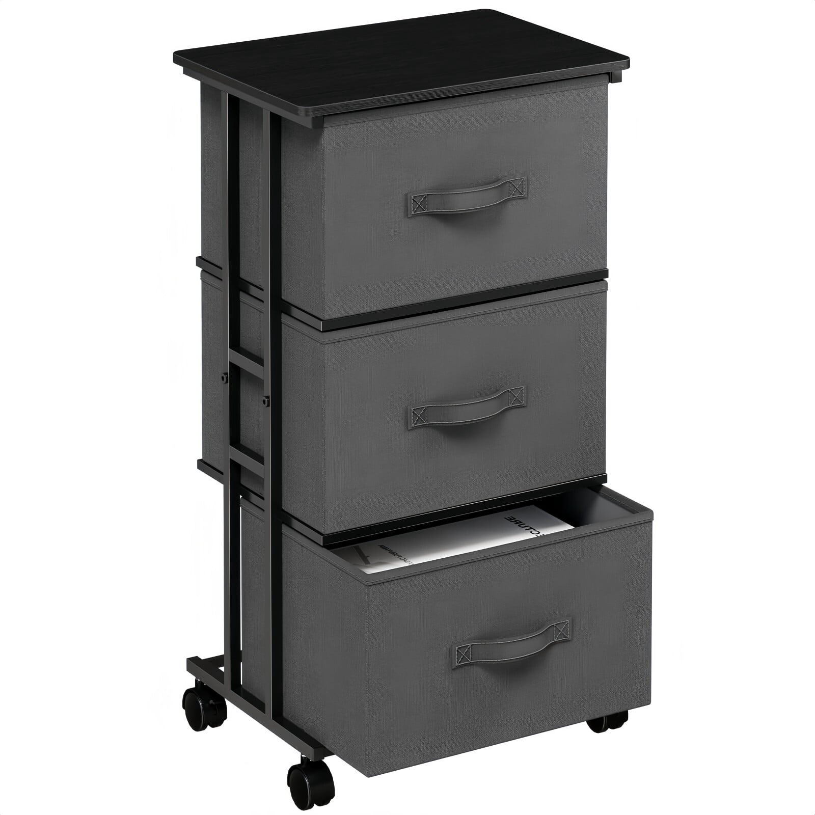 BEAUTYPEAK 3 Drawer Rolling Fabric Dresser Mobile Nightstand Storage Cabinet with Lockable Casters for Bedroom Closet Office, Gray