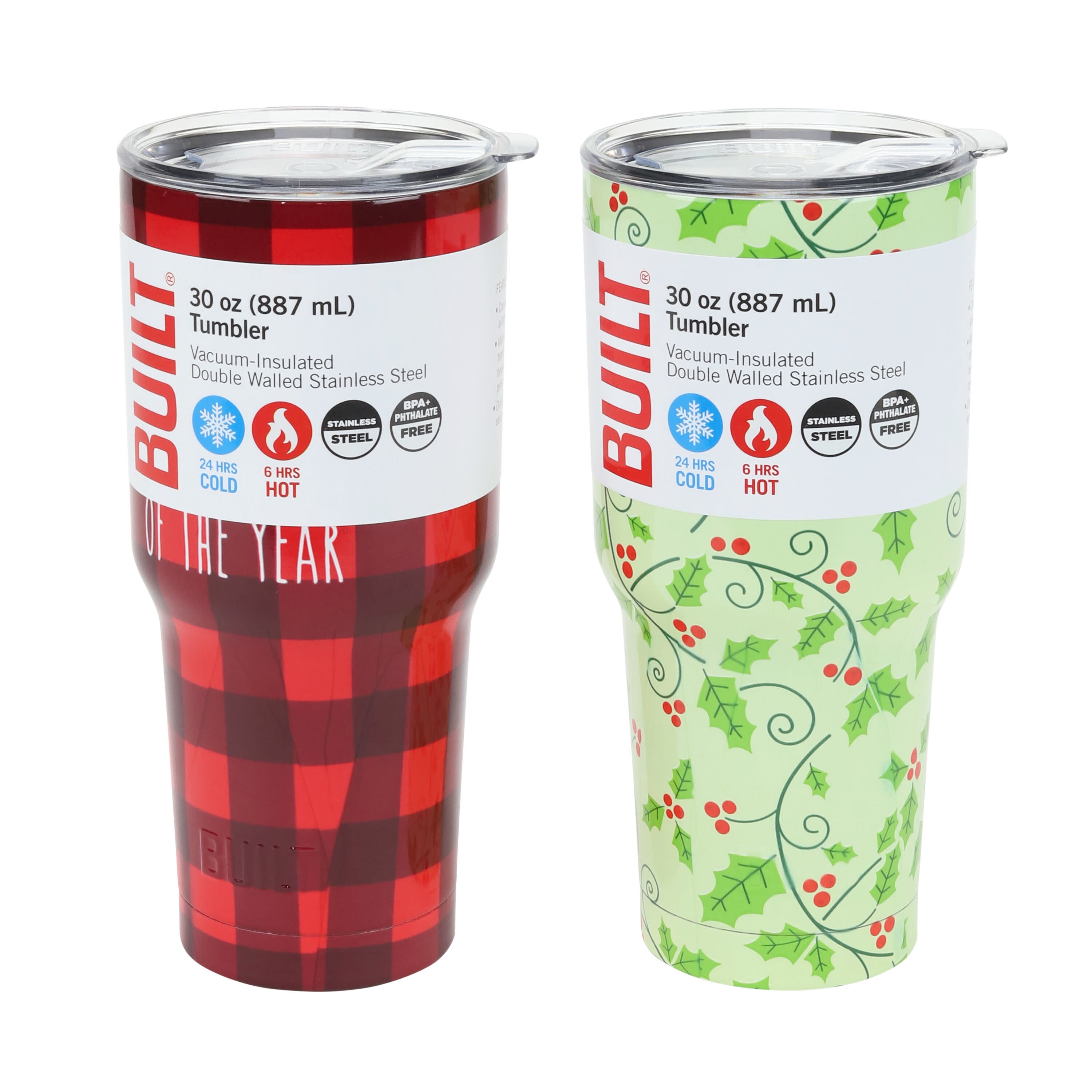Built Holiday Tumblers 30oz Stainless Steel, Plaid and Holly Set of 2