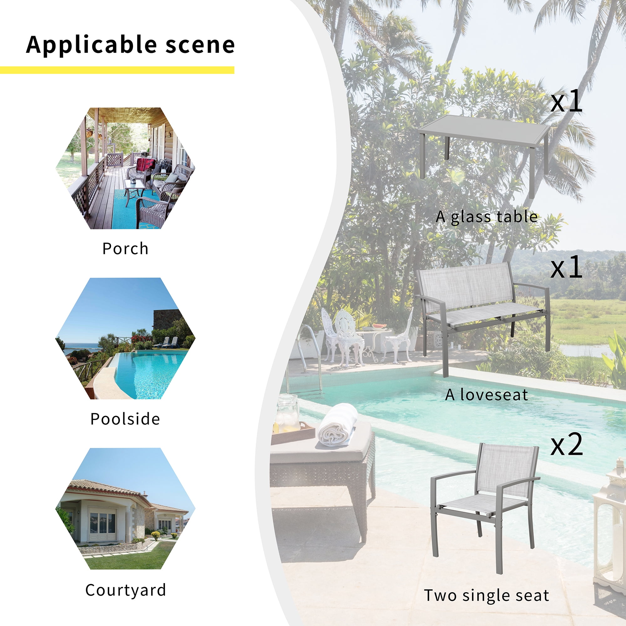 Walsunny 4 Pieces Outdoor Furniture Set All Weather Patio Textilene Steel Conversation Set, Patio Furniture Set Bistro Set with Loveseat ea Table for Lawn and Balcony, Silver