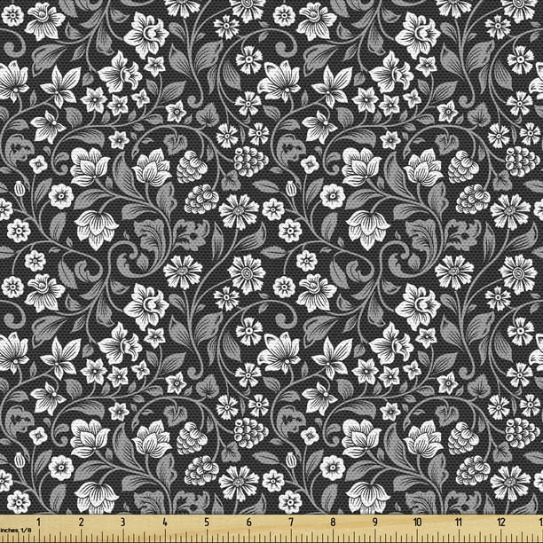 Black and Grey Fabric by the Yard Upholstery, Continuous Floral Pattern with Berries and Leaves