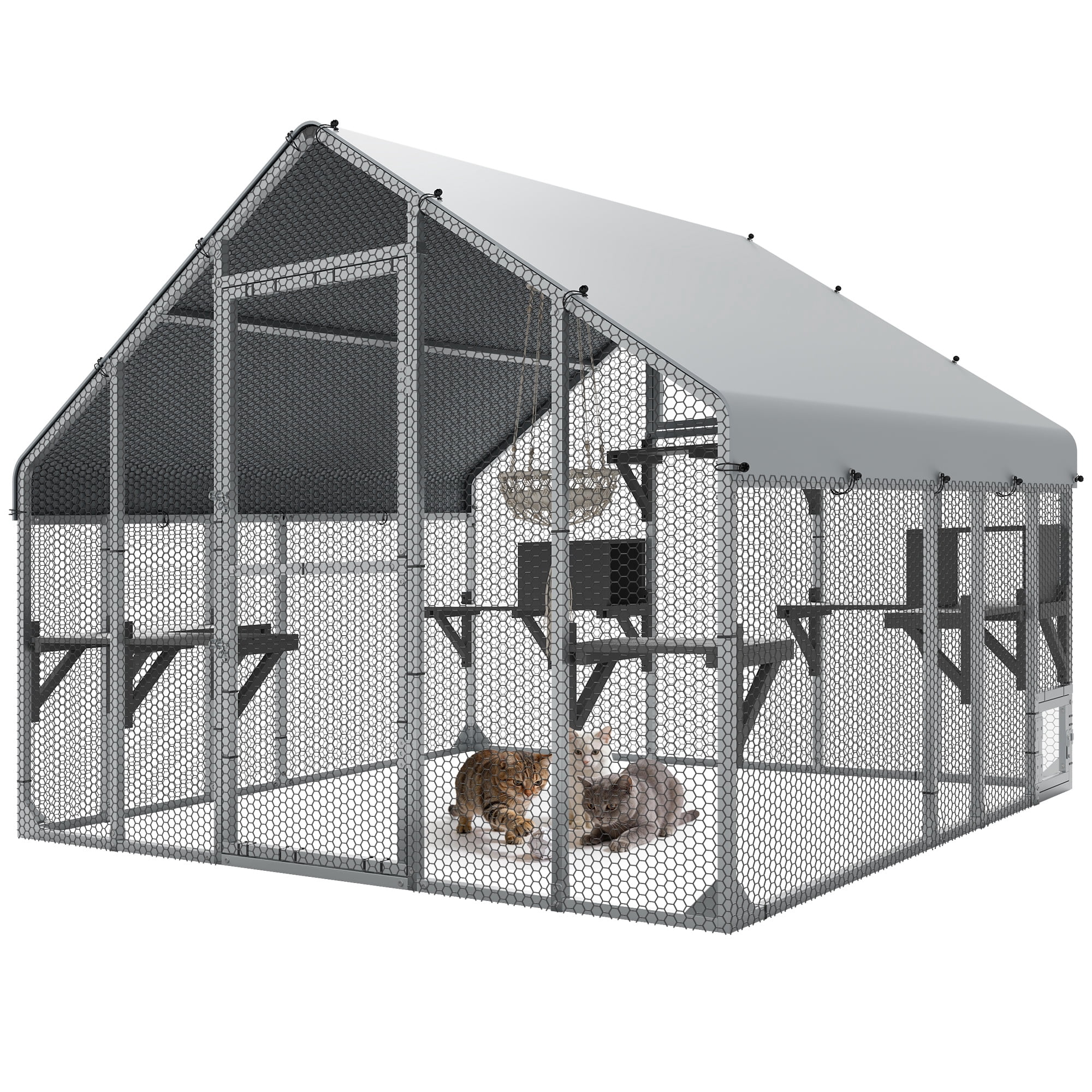 Uforic 94 Inch Outdoor Cat Enclosure, Extra Large Metal Catio for Multiple Cats, Weatherproof Roof Cat Cage with 7 Platforms, 2 Resting Boxes & Cat Hammock Bed, Sliver