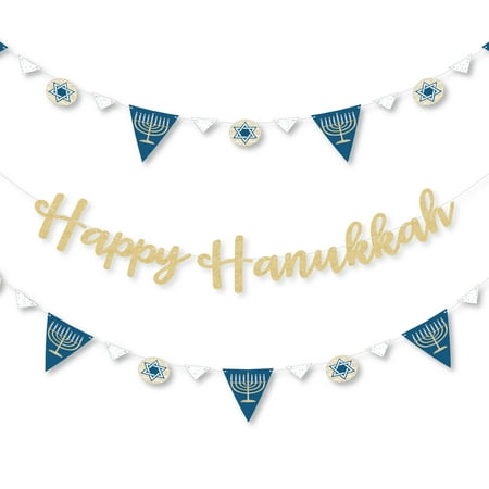 Big Dot of Happiness Happy Hanukkah - Chanukah Letter Banner Decoration - 36 Banner Cutouts & No-Mess Real Gold Glitter Happy Hanukkah Banner Letters