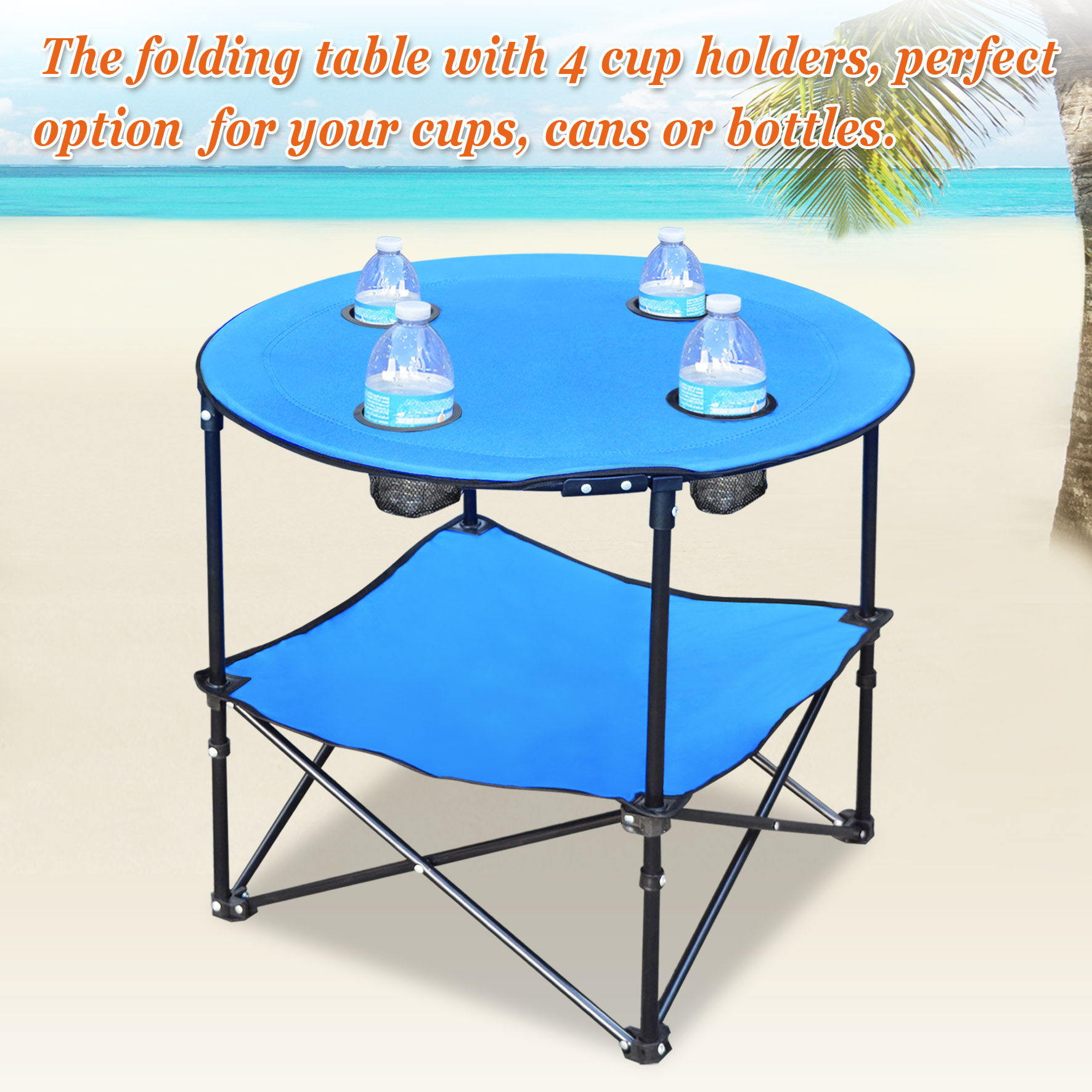 Strong Camel Folding Picnic Table Dia 27.5" Collapsible Round Table with 4 Cup Holders, Carry Case Included (with Shelf)