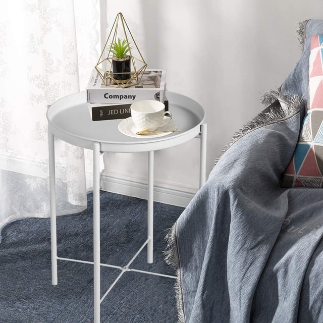 Mesa Lateral FurnitureR Mesa de Centro Blanca con Bandeja Auxiliar Metal Moderno