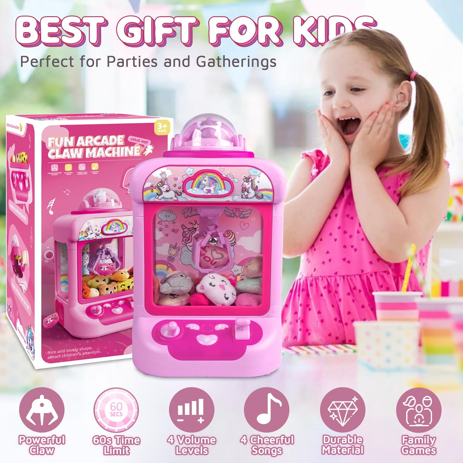 ToyM Claw Machine for Kids, Mini Vending Machine Girls Unicorn Toys, Candy Grabber Prize Dispenser with Sound & 20 Mini Plush Toys, Electronic Arcade Game Indoor Toy for Home Party Birthday Gifts
