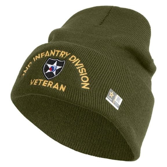 U.S. Army 2nd Infantry Division Logo Embroidered 12 Inch Solid Knit Cuff Long Beanie Made in USA - Olive OSFM