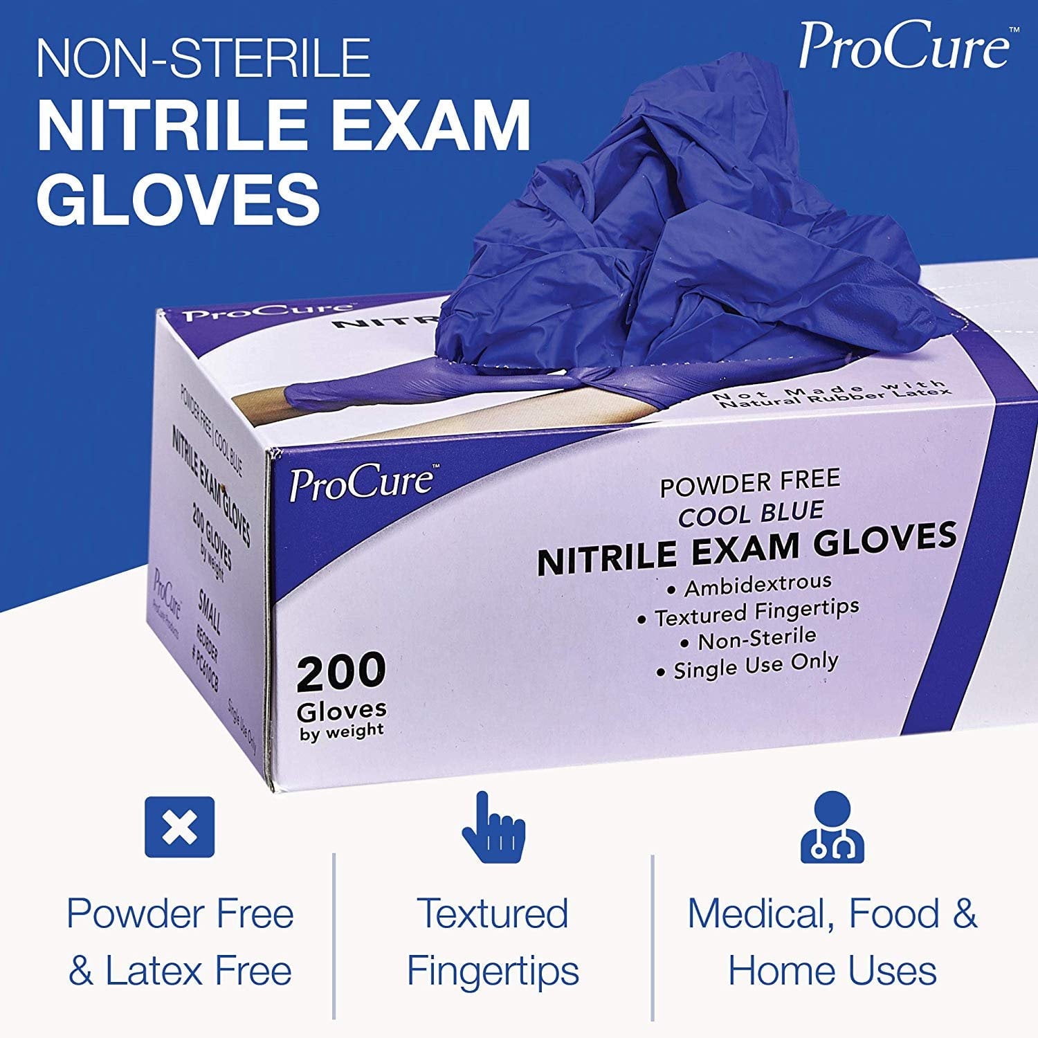 ProCure Disposable Nitrile Gloves - 400 Count, Medium - Powder Free, Rubber Latex Free, Medical Exam Grade, Non Sterile, Ambidextrous - Soft with Textured Tips - Cool Blue