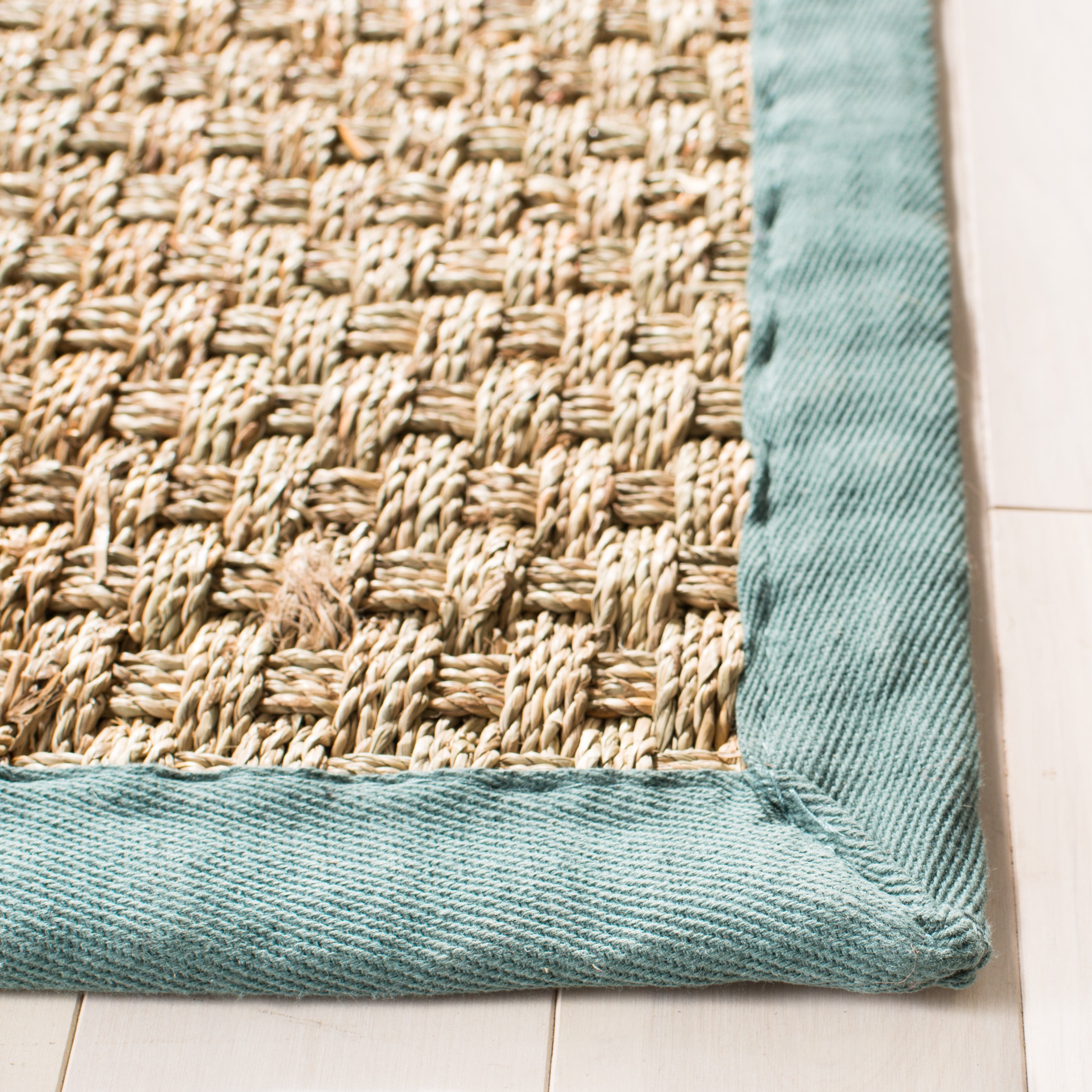 SAFAVIEH Natural Fiber Arbor Bordered Area Rug, Natural/Dusty Teal Blue, 6' x 9' - Coastal Design, Natural & Dusty Teal Blue, Seagrass, Ideal for Entryway, Kitchen, Living Room, Office