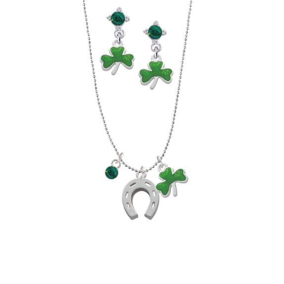 Delight Jewelry Silvertone Horseshoe Green Shamrock Necklace and Clover Earrings Jewelry Set