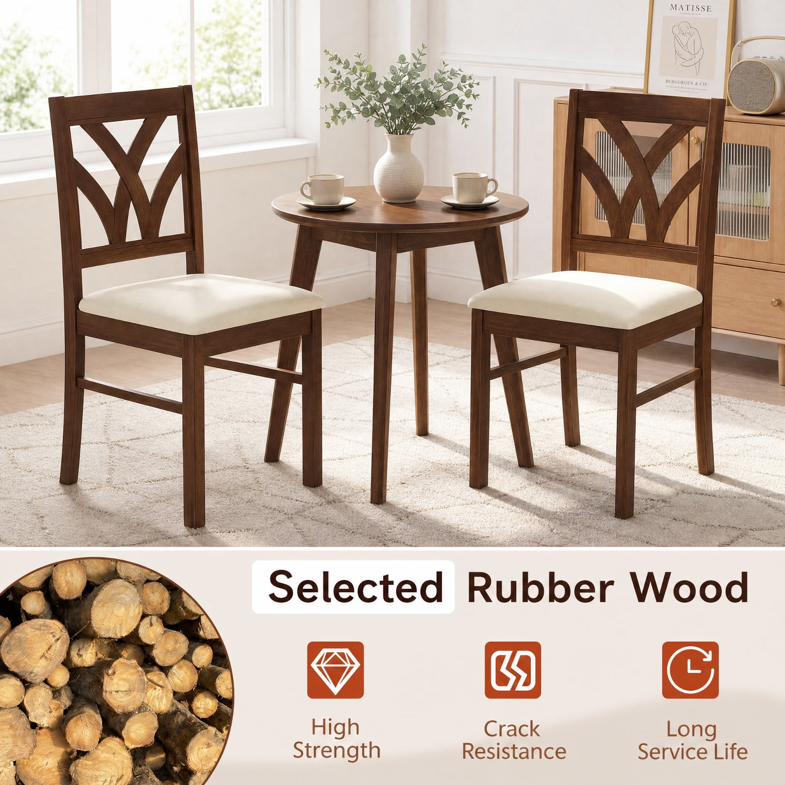 Furnibear Upholstered Wooden Dining Chairs Set of 2 with Hollowed Backrest and Padded Seats on Solid Rubber Wood Frame, Brown