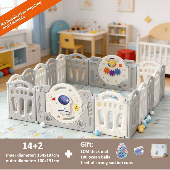 Portable Baby Playpen,Play Center with 14 Panels & 2 Game Doors, Indoor playpen with 100 Ball Pit Balls,Play Mat for Babies and Toddlers,Unisex,Grey&White