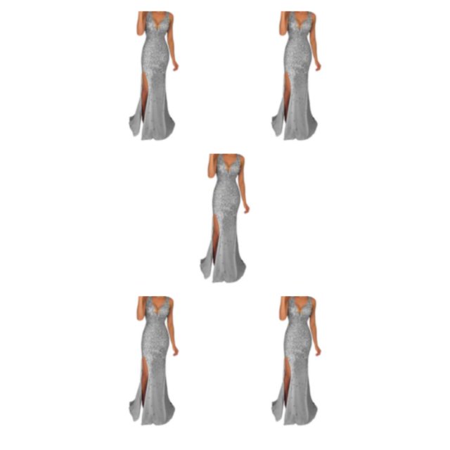 QualitChoice Robe de Soirée Tenue de Fête Vêtements de Fête V Cou Longue Balle Fente Cocktail Fine Lavable Robes de Bal Exquise Argent S 5PCS