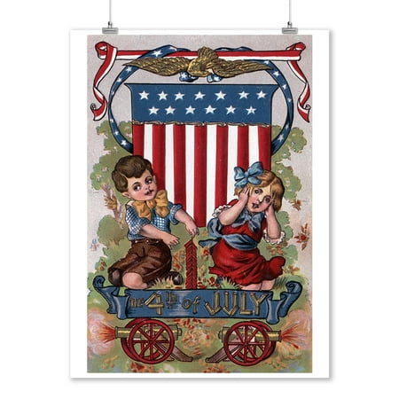 Fourth of July Greeting - Kids Lighting Fireworks - Vintage Holiday Art (9x12 Art Print, Wall ...