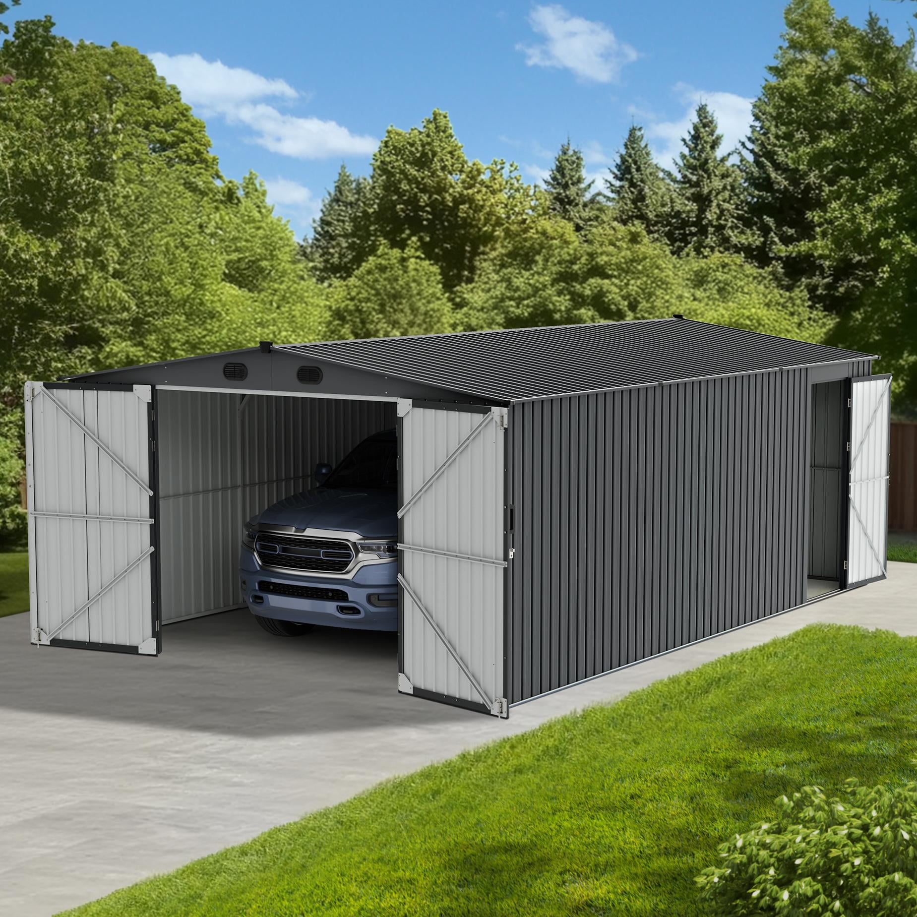 Sunjoy 13 ft. x 20 ft. Outdoor Storage Shed, Carport, Light Grey