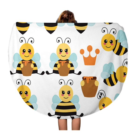 KDAGR 60 inch Round Beach Towel Blanket Yellow Cute Bumble Bees Beehive Black Bumblebee Cartoon Flower Travel Circle Circular Towels Mat Tapestry Beach Throw
