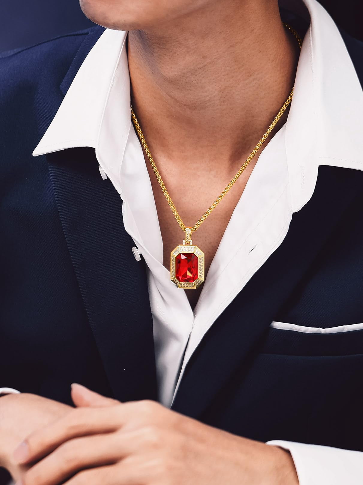 Bandmax Hip Hop Biker 14K Gold Plated Necklace for Men Women Ruby Stone Pendant with Shining Cubic Zirconia Charm for Gift