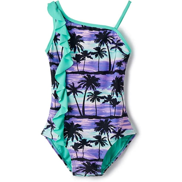 Girls Swimsuit Green Ruffled OffShoulder Coconut Print Swimwear Purple One Piece Swimsuit for