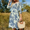 thumbnail image 4 of Blue Willow Chinoiserie Blue And White Women's 3/4 Sleeve Dresses Elegant A-Line Midi Dress Flare Summer Casual Sundress, 4 of 9