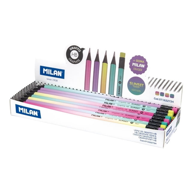 Caja Exhibidora 24 Lápices De Grafito HB Redondo Con Goma MILAN Multicolor