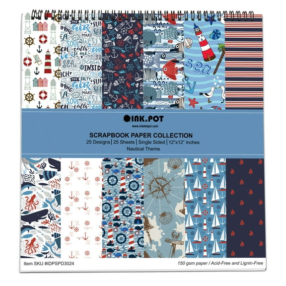 Inkdotpot 25 SheetsNautical TextureScrapbookPaper Pad 12x12, Single-SidedScrapbookPaper- ColorfulCardstock PaperScrapbookingDIY Decorative BackgroundCardmaking Supplies- Journal Craft Paper