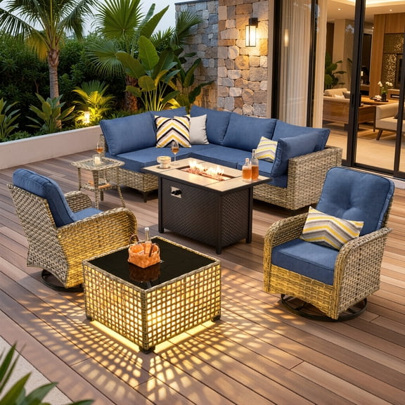 OLINOA 9 Piece Outdoor Patio Furniture Set, Modular Rattan Sectional Sofa Set with Gas Fire Pit Table, 360 Swivel Chairs, All-Weather Wicker Conversation Set for Backyard Garden, Denim Blue