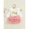 thumbnail image 2 of LMLYSoH Infant Girl Long Sleeve Romper + Skirt + Hairband, Letter Print Lace Mesh Patchwork Holiday Clothing, 2 of 9