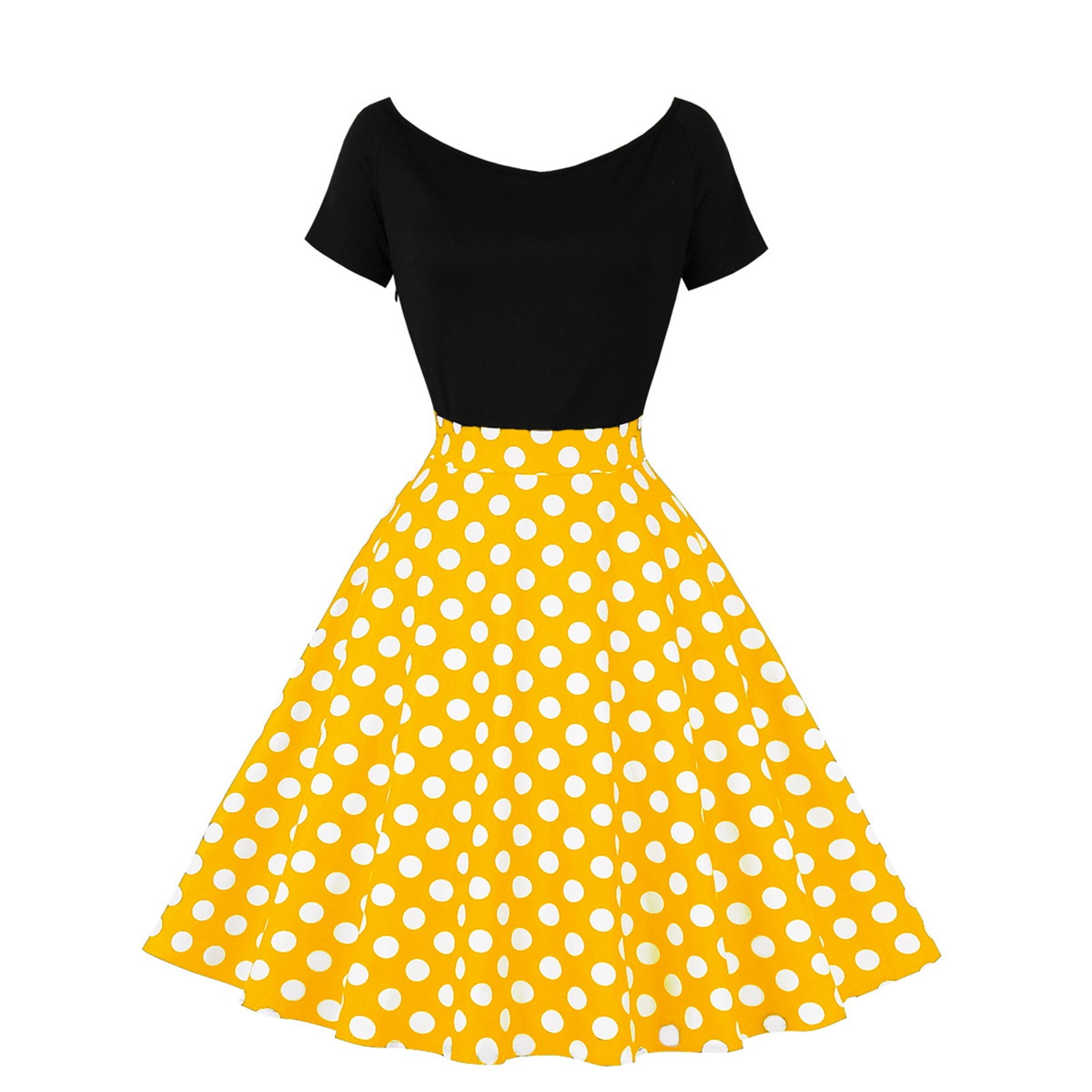 XIAOCHA Women's Polka Dot Dress Fitted Flared off Shoulder Short Sleeves Retro Swing Dress Stretchy Vintage Party Dresses