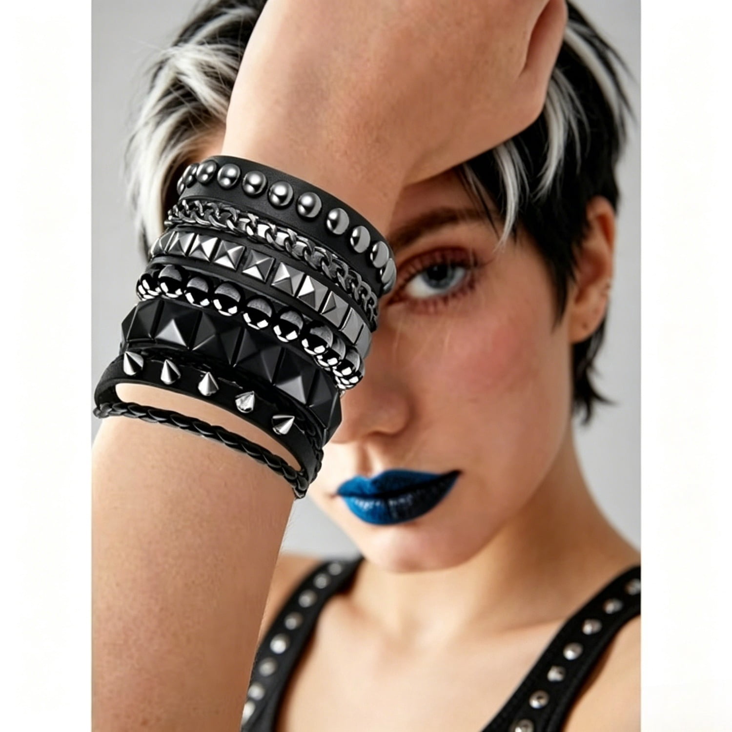 Mygeromon 4 pcs Punk Rock Leather Studded Bracelets for Men Women