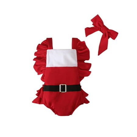 

Carolilly Newborn Christmas Outfits Baby Girls Square Collar Fly Sleeve Bodysuit + Bow Headband