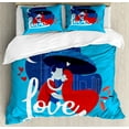thumbnail image 1 of Kissing Duvet Cover Set King Size, Man and Woman Hugging Under Umbrella on Night Alley and Love Script, Decorative 3 Piece Bedding Set with 2 Pillow Shams, Dark Pink Blue Lavender, by Ambesonne, 1 of 3