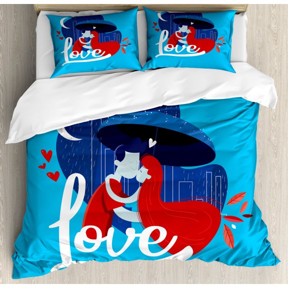 Kissing Duvet Cover Set King Size, Man and Woman Hugging Under Umbrella on Night Alley and Love Script, Decorative 3 Piece Bedding Set with 2 Pillow Shams, Dark Pink Blue Lavender, by Ambesonne