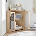 thumbnail image 3 of Weselon 31 inches Mid Century Small Corner Storage Cabinet with 2 Glass Doors for Living Room, Floor Corner Storage Cabinet, Freestanding Corner Cabinet, Natural, 3 of 9