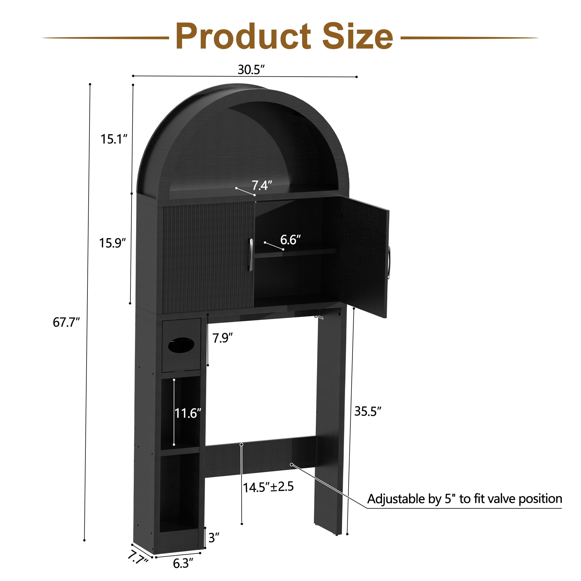 HARIPUL Over The Toilet Storage Cabinet w/ Unique Wood Grain & Arc Design, Freestanding Bathroom Shelf Organizer Space Saver w/ Doors & Anti-Tip Device, Black