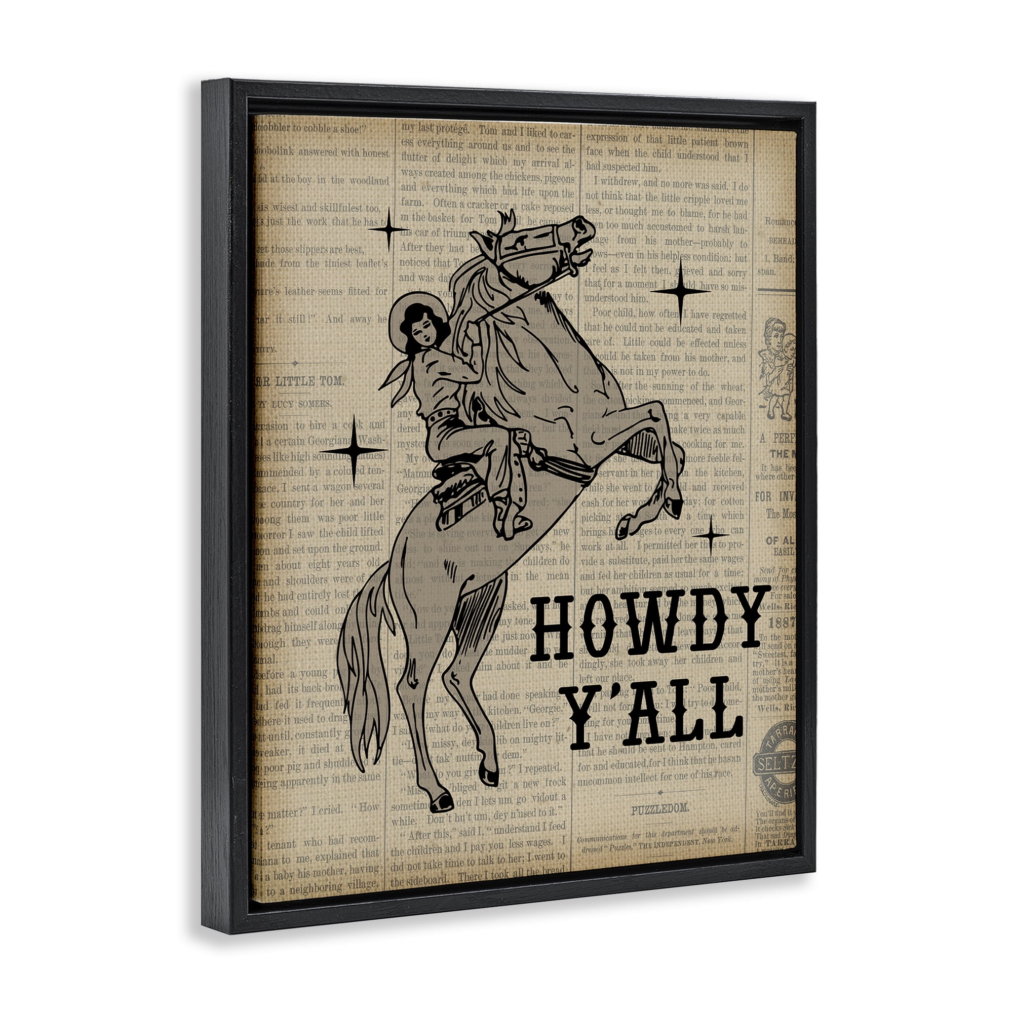 Stupell Industries Howdy Y'all Vintage Newspaper Animals Painting Black Floater Framed Canvas Art Print Wall Art, 17 x 21