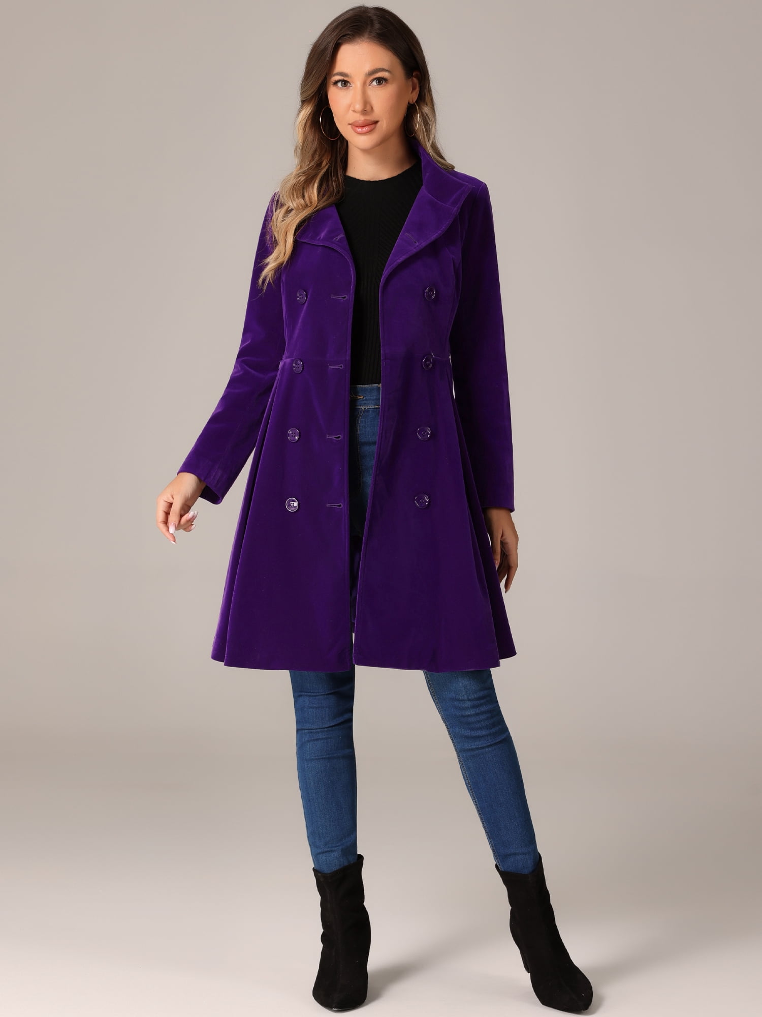 DARING DIVA Velvet A-Line Stand Collar Double Breasted Trench Coats XS Dark Purple
