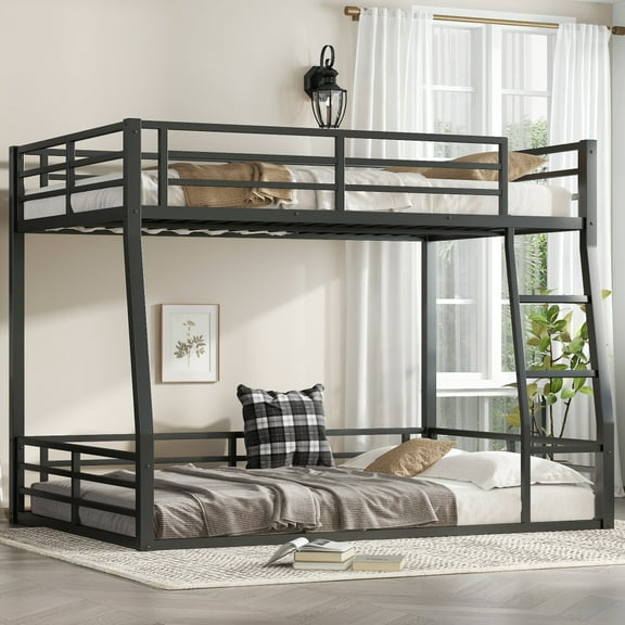 Metal Bunk Bed, Full XL over Full XL Floor Bunk Bed Frame,Heavy-Duty Bunk Bed, Noise-reduced Design, Black