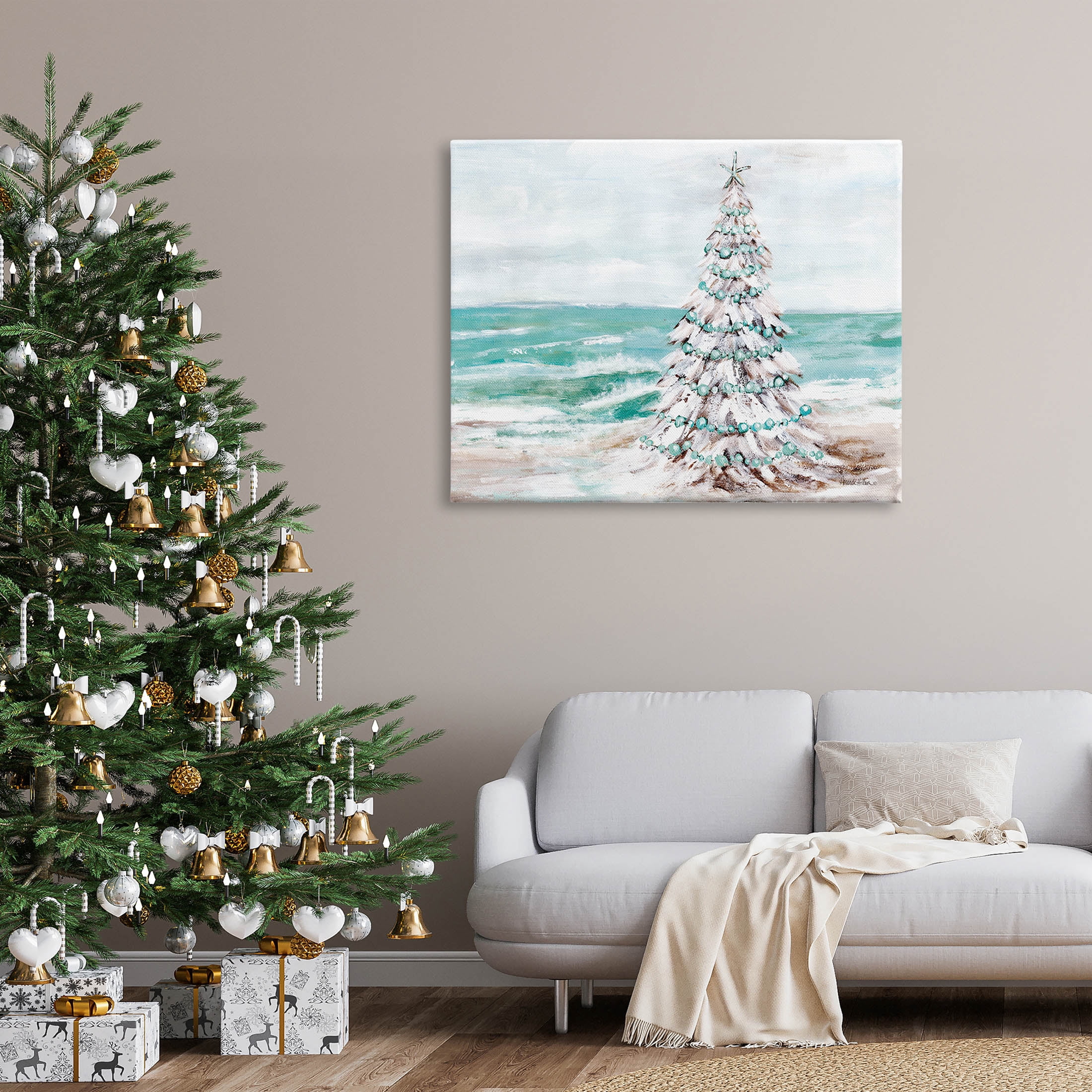 Snowy Christmas Tree Beach Shore Holiday Painting Gallery Wrapped Canvas Print Wall Art