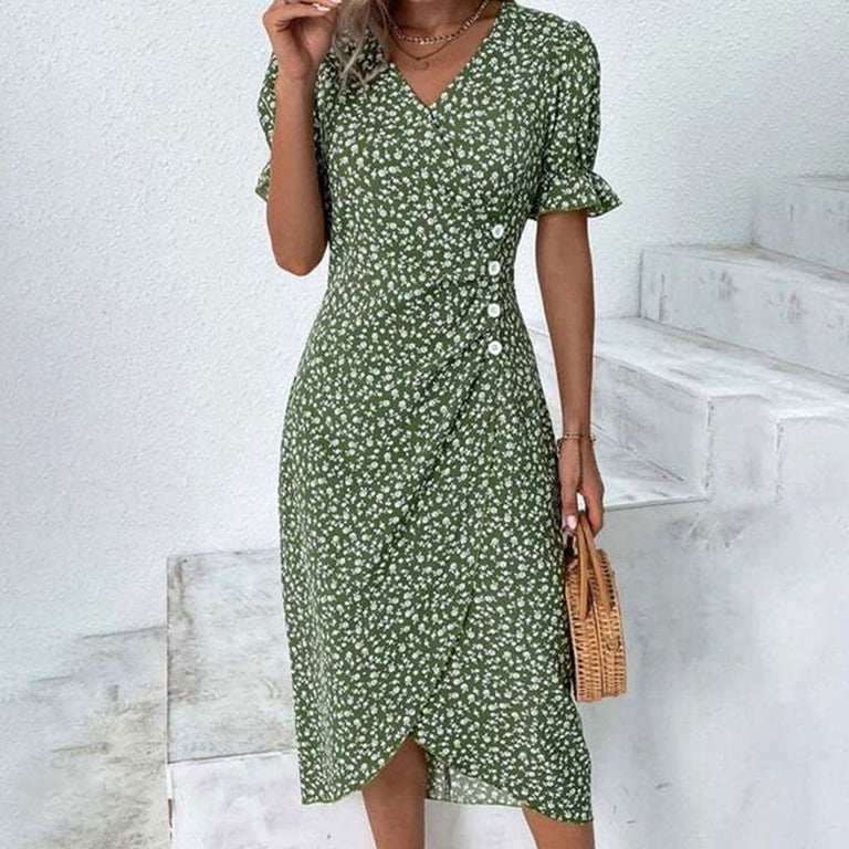 Mzoazpie Women's Button V Neck Womens Dress Bubble Sleeve Irregular Hem  Casual Dress for Women Dress Teacher Dresses Aline Summer Dress for Women Fitted  Summer Dress for Women - Walmart.com