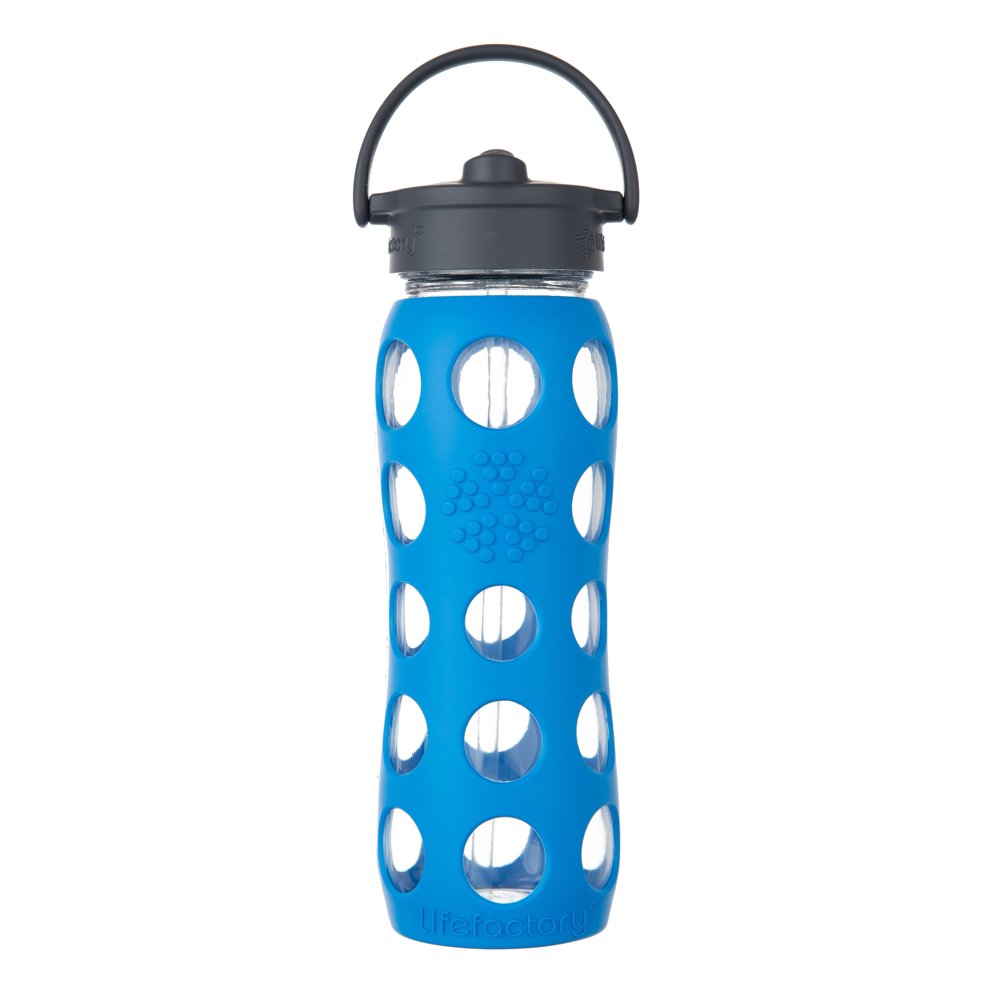 Lifefactory 22oz Glass Water Bottle with Straw Cap Ocean Blue