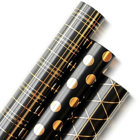 Jestar Black & Gold Foil Wrapping Paper, Gift Wrap for Birthday, 3 Rolls - 17 x 120 Inch Per Roll