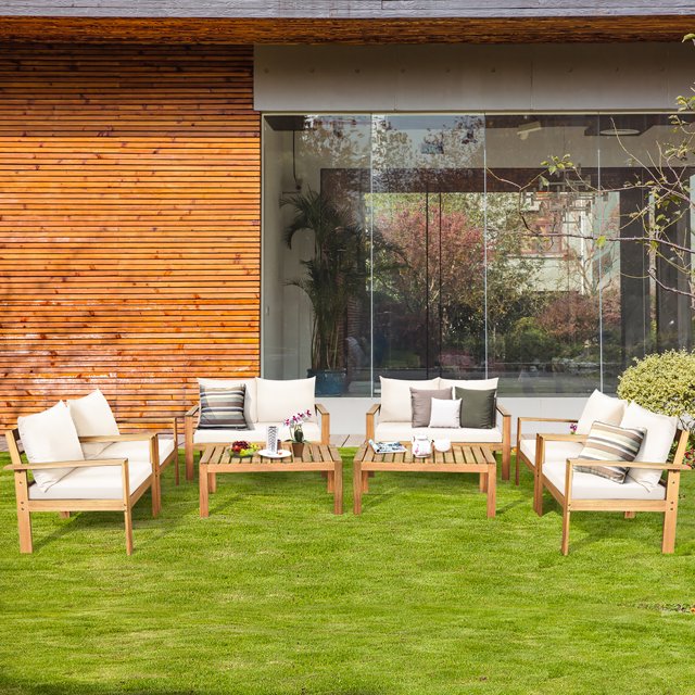Costway 8PCS Patio Furniture Set Acacia Wood Thick Cushion Loveseat Sofa Off White
