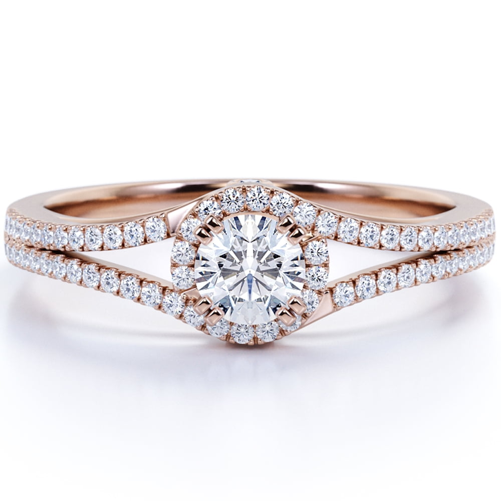 JeenMata Split Shank Halo 1.25 Carat Round Shaped Engagement Ring - Pave Double Bezel - 18K Rose Gold Plating Over Silver