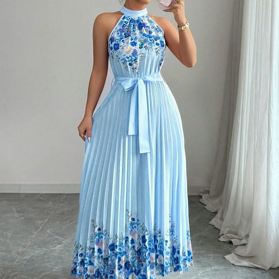 Roncen Women's Fashion Halter Neck Sleeveless Maxi Dress - Elegant Flowy Summer Dress with Backless Design, Lightweight Chiffon Beachwear for Casual Evening Outings