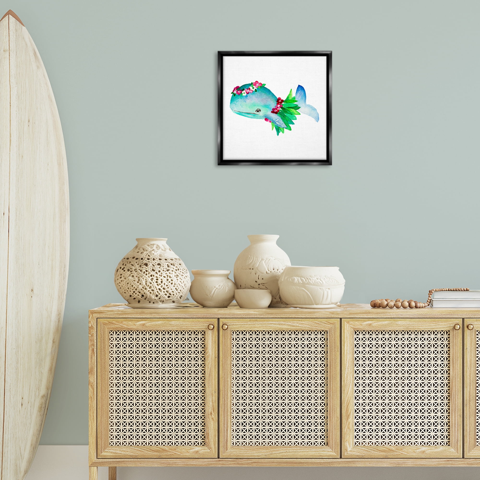 Stupell Industries Hula Skirt Whale Novelty Painting Black Floater Framed Canvas Art Print Wall Art, 18 x 18