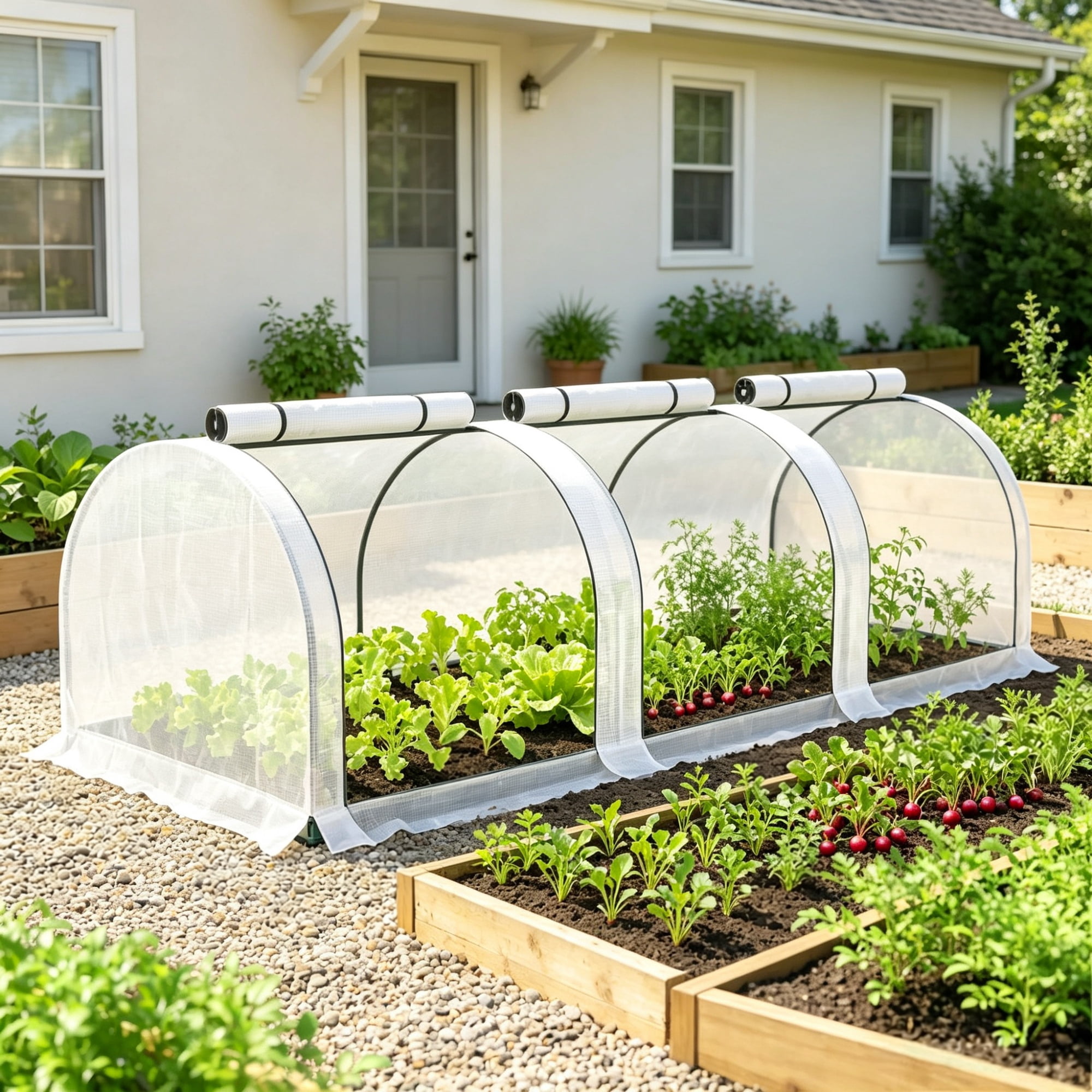 Mini Tunnel Greenhouse, Portable Outdoor Garden Structure, 3 Zipper Doors, Water/UV Resistant PE Cover, White 9.7' x 3' x 2.5'