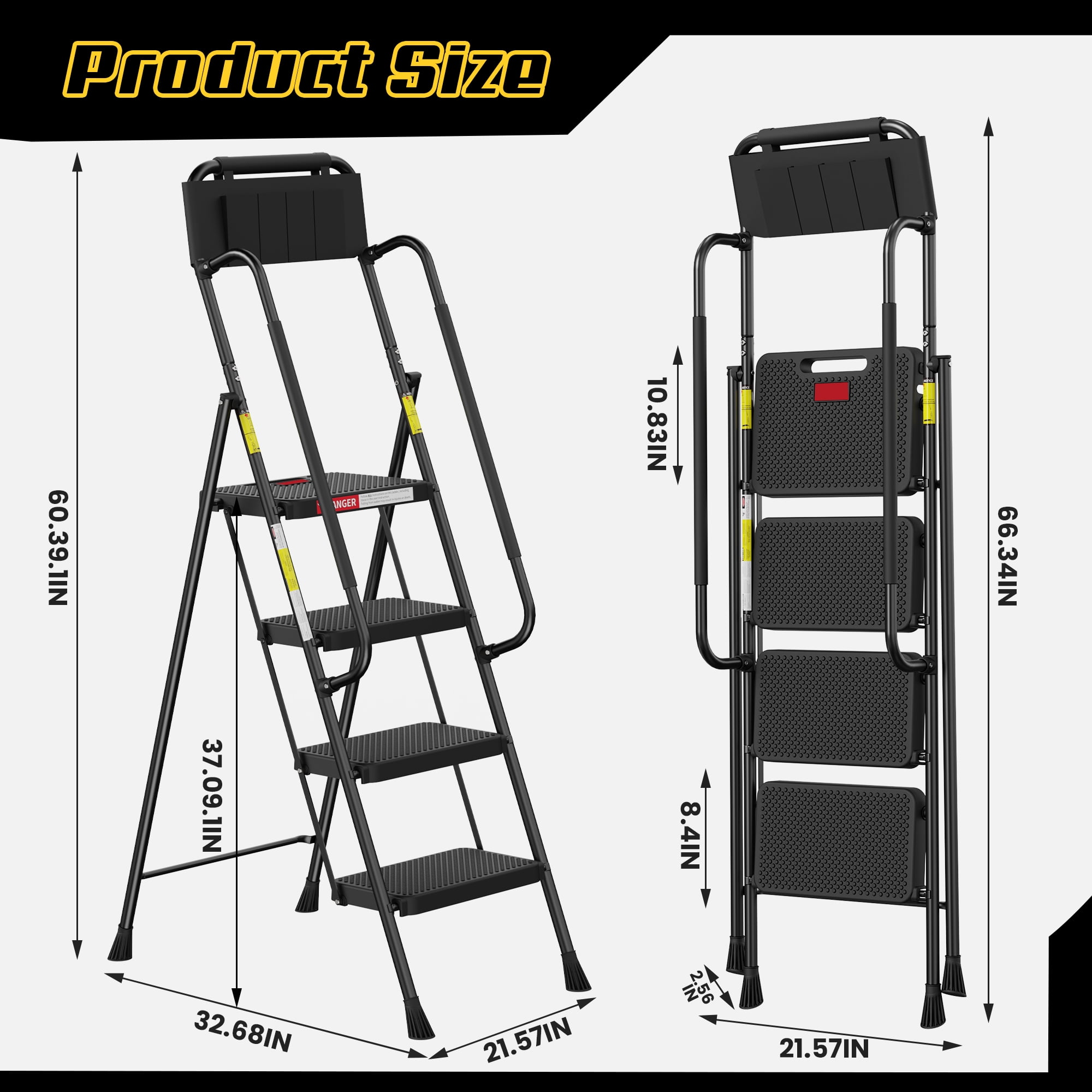 LevLad Folding 4 Step Ladder with Dual Handrails, Tool Bag & Anti-Slip Pedals, Stable Steel Step Stool for Seniors Home Use